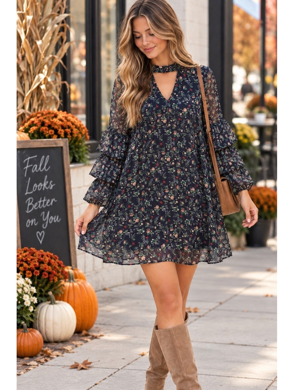 Le Lis Navy Floral Chiffon Ruffle Sleeve Keyhole Mini Dress Large